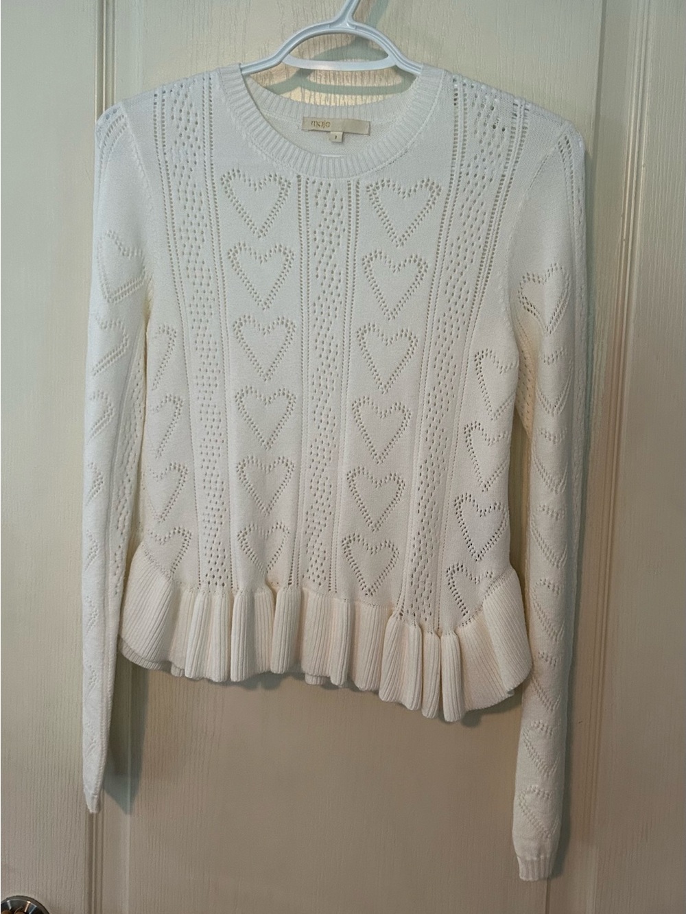 Maje Heart-Pattern Knit Sweater with Ruffle Hem